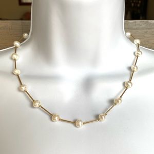 14K Gold and Pearl Station Bar Necklace